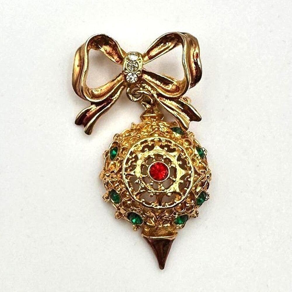 Vintage 90s Gold Tone Rhinestone Bow Ornament Brooch Pin Women's Classic Jewelry